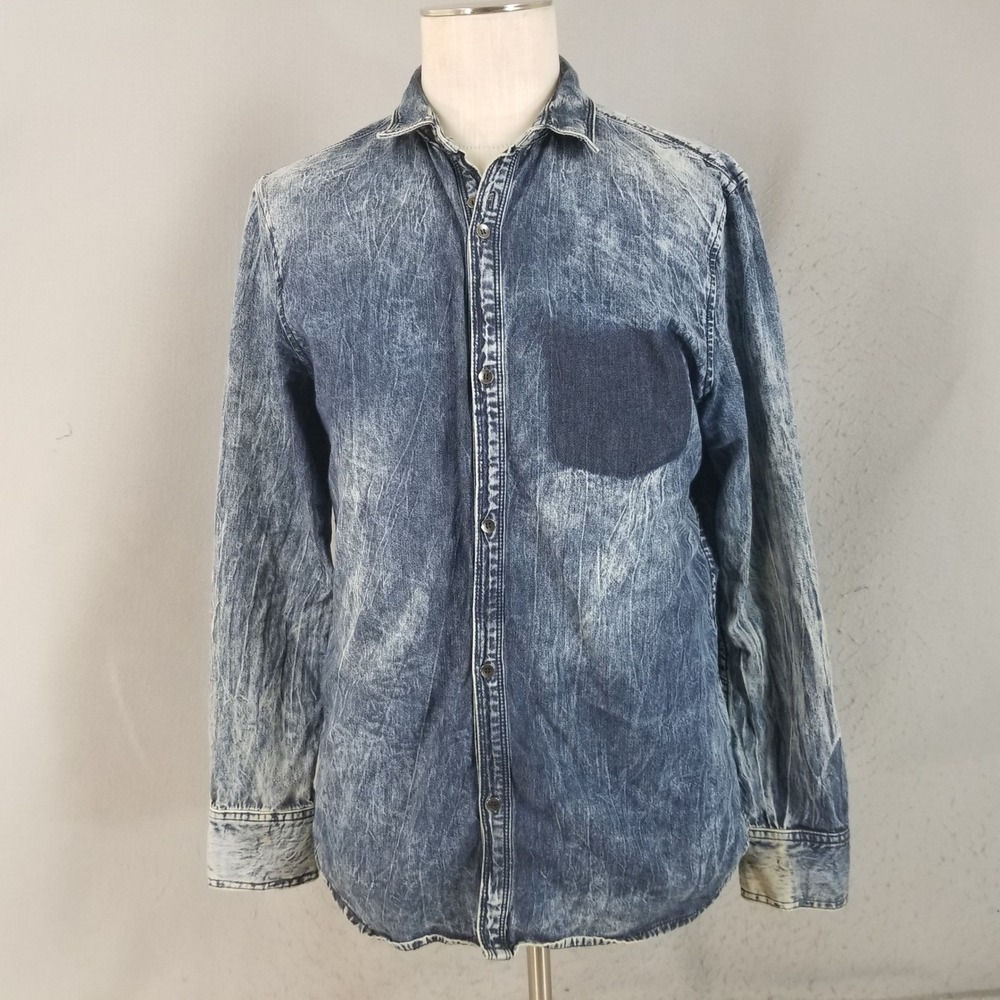 INC Shirt Men M Blue Acid Wash Denim Button Down Long Sleeve Cotton Pocket